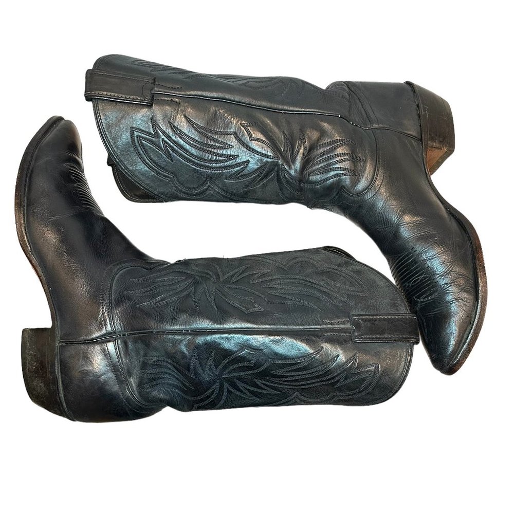 Vintage Justin Black Leather Pointed Toe Cowboy Boots Mens Size 12D